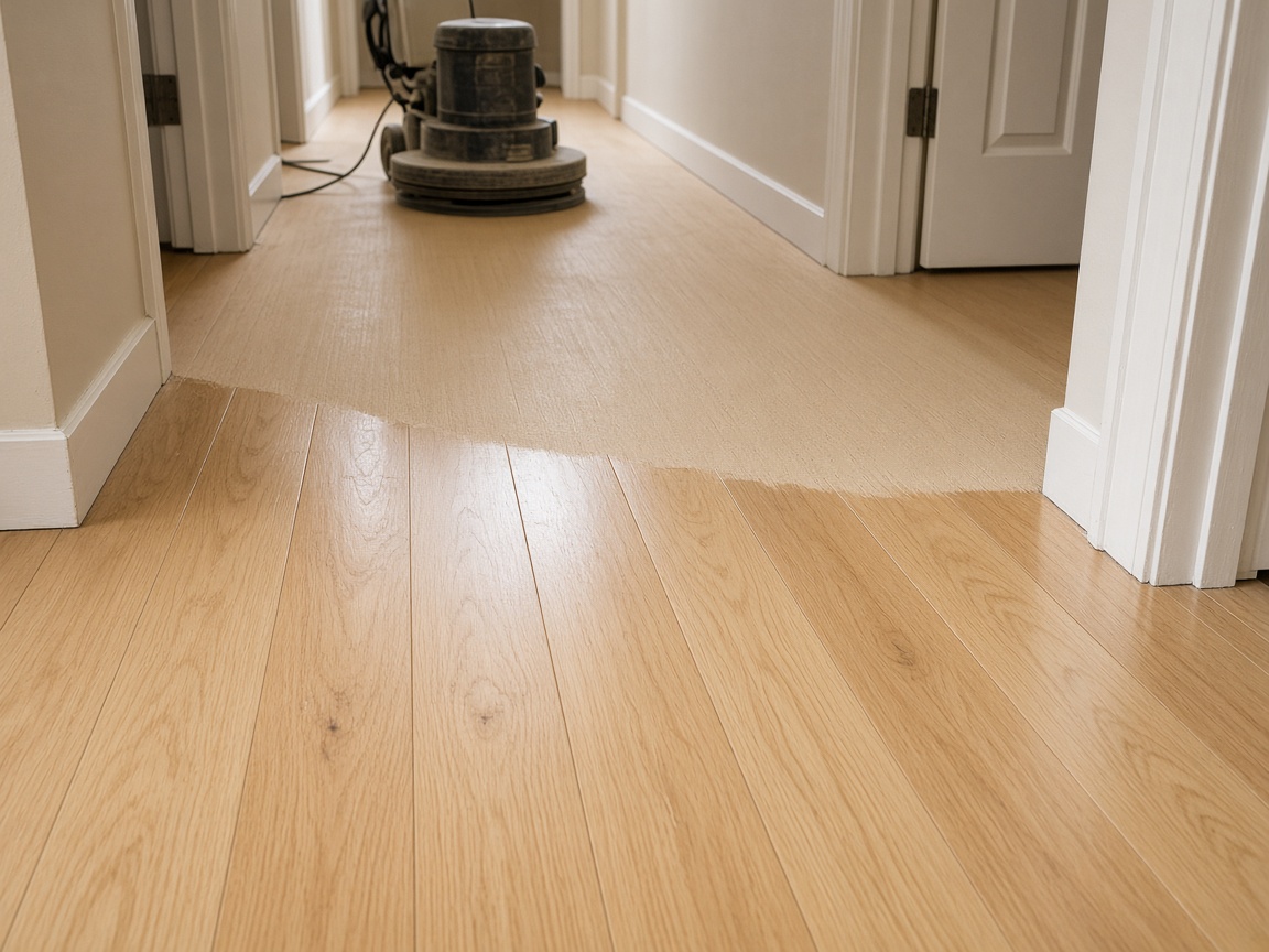 Hardwood floor sanded and refinished in a hallway