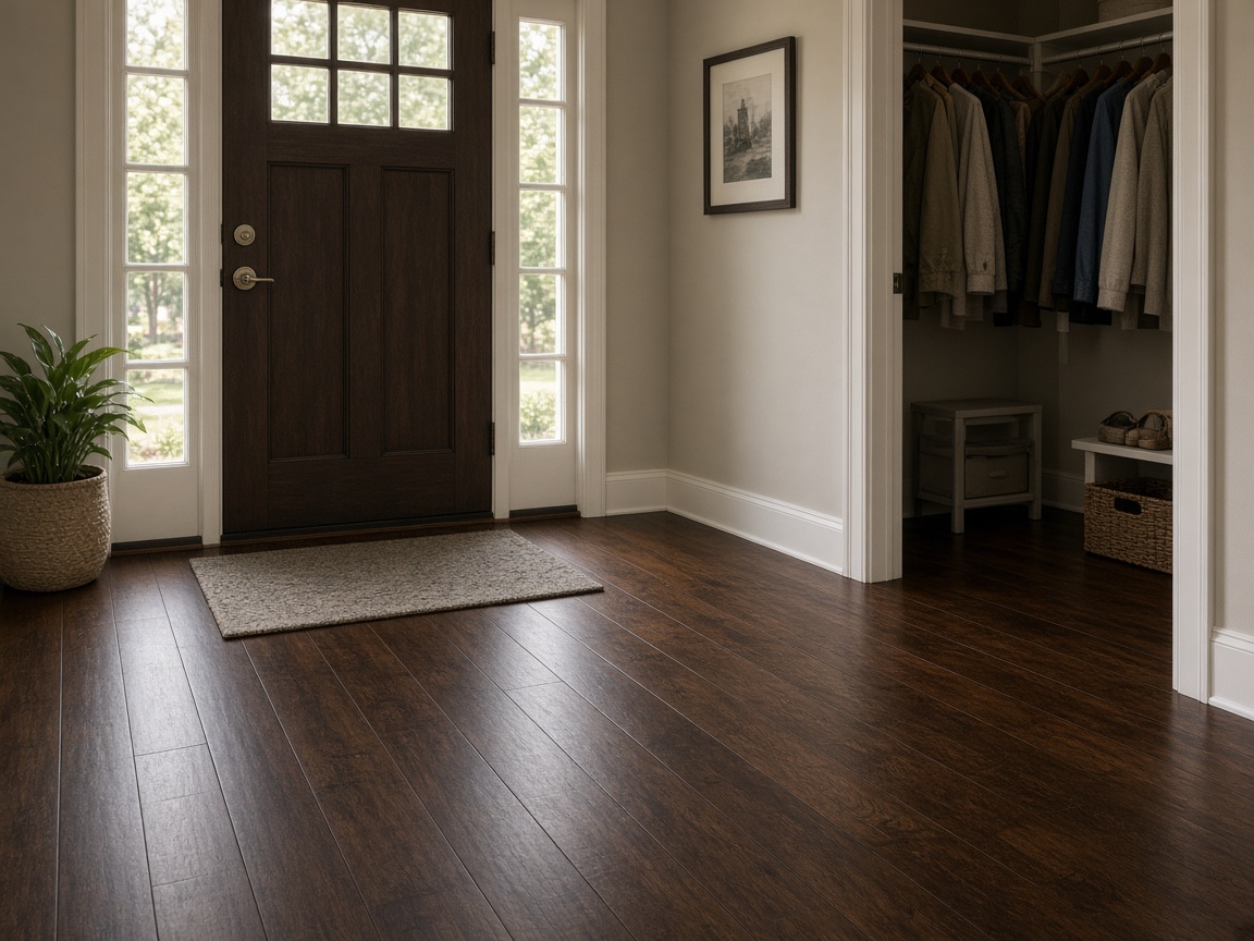 Stained hardwood floor in an entry